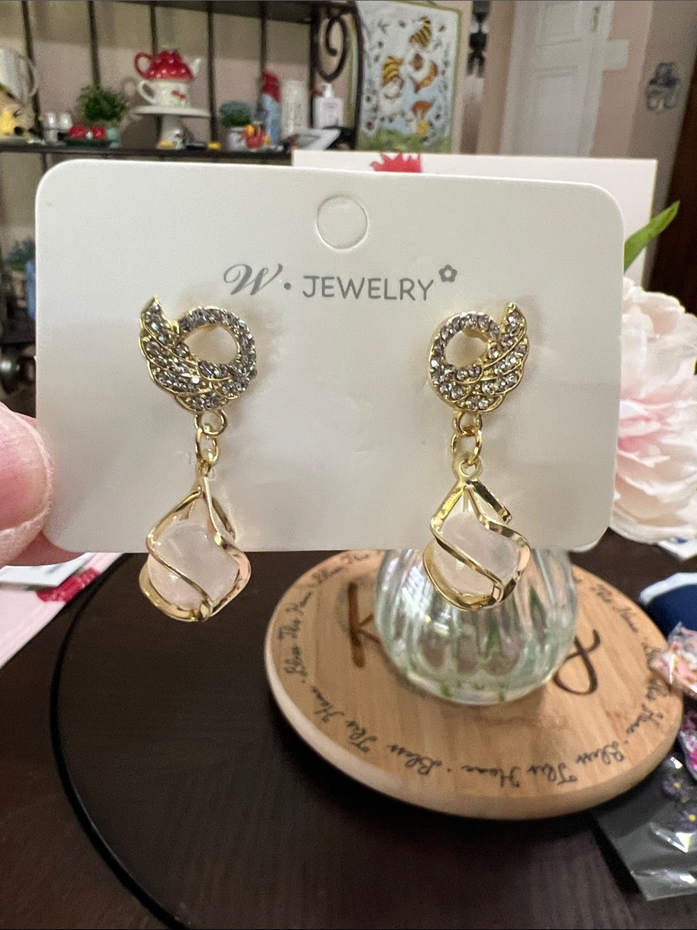 New Gold & Rose Quartz Dangle Earrings